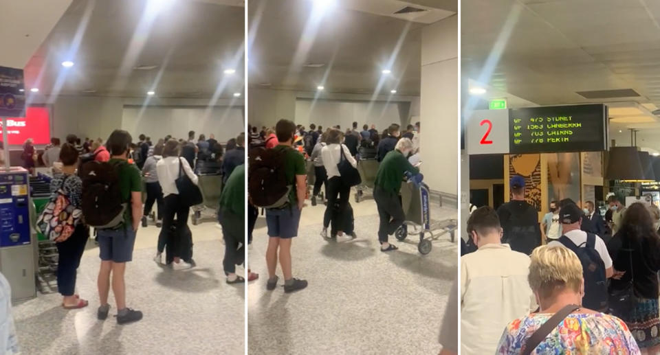 Passengers crowd at Melbourne Airport trying to claim their luggage