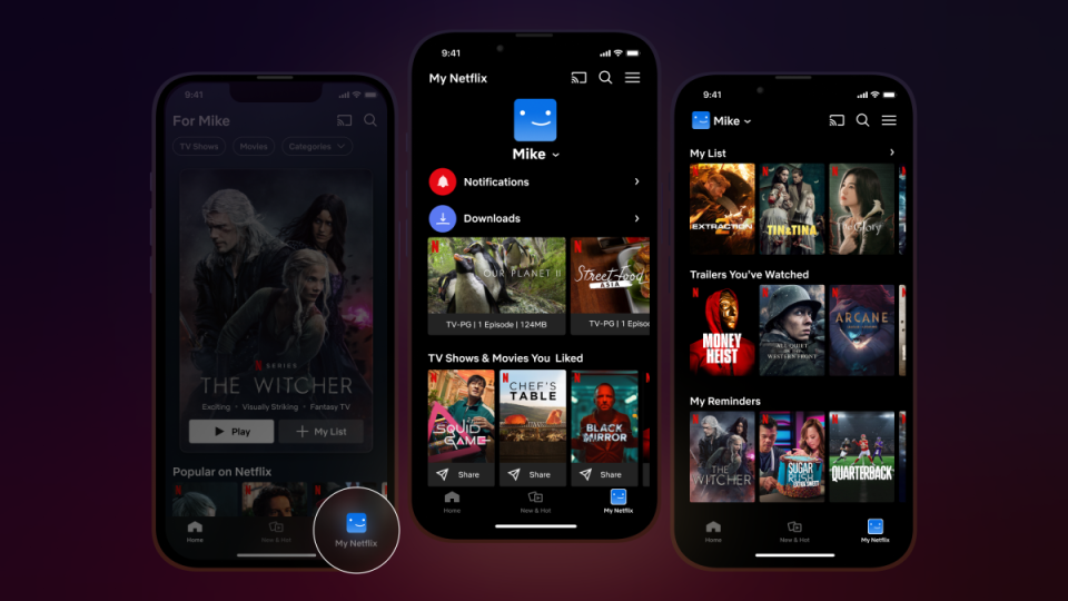 L to R: the My Netflix tab is highlighted on one iPhone, the My Netflix tab is open on the two screens to the right.