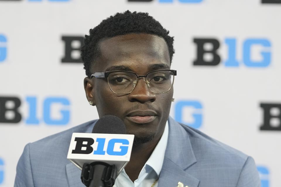 Michigan's Mike Sainristil speaks during an NCAA college football news conference at the Big Ten Conference media days at Lucas Oil Stadium, Thursday, July 27, 2023, in Indianapolis. (AP Photo/Darron Cummings)