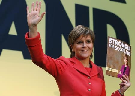 A Scottish National Party (SNP) leader Nicola Sturgeon delivers their election manifesto in Edinburgh, Scotland, April 201, 2015. REUTERS/Russel Cheyne