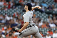 Detroit Tigers starting pitcher Casey Mize throws against the Houston Astros during the first inning of a baseball game Monday, April 12, 2021, in Houston. (AP Photo/Michael Wyke)