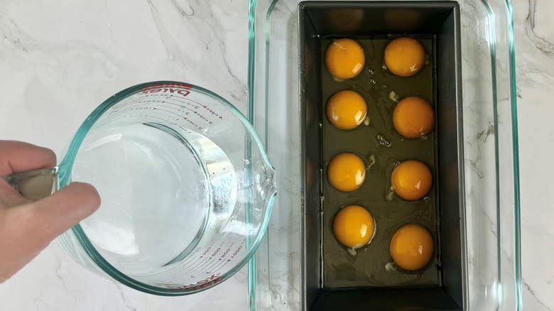 loaf pan with eggs in water bath