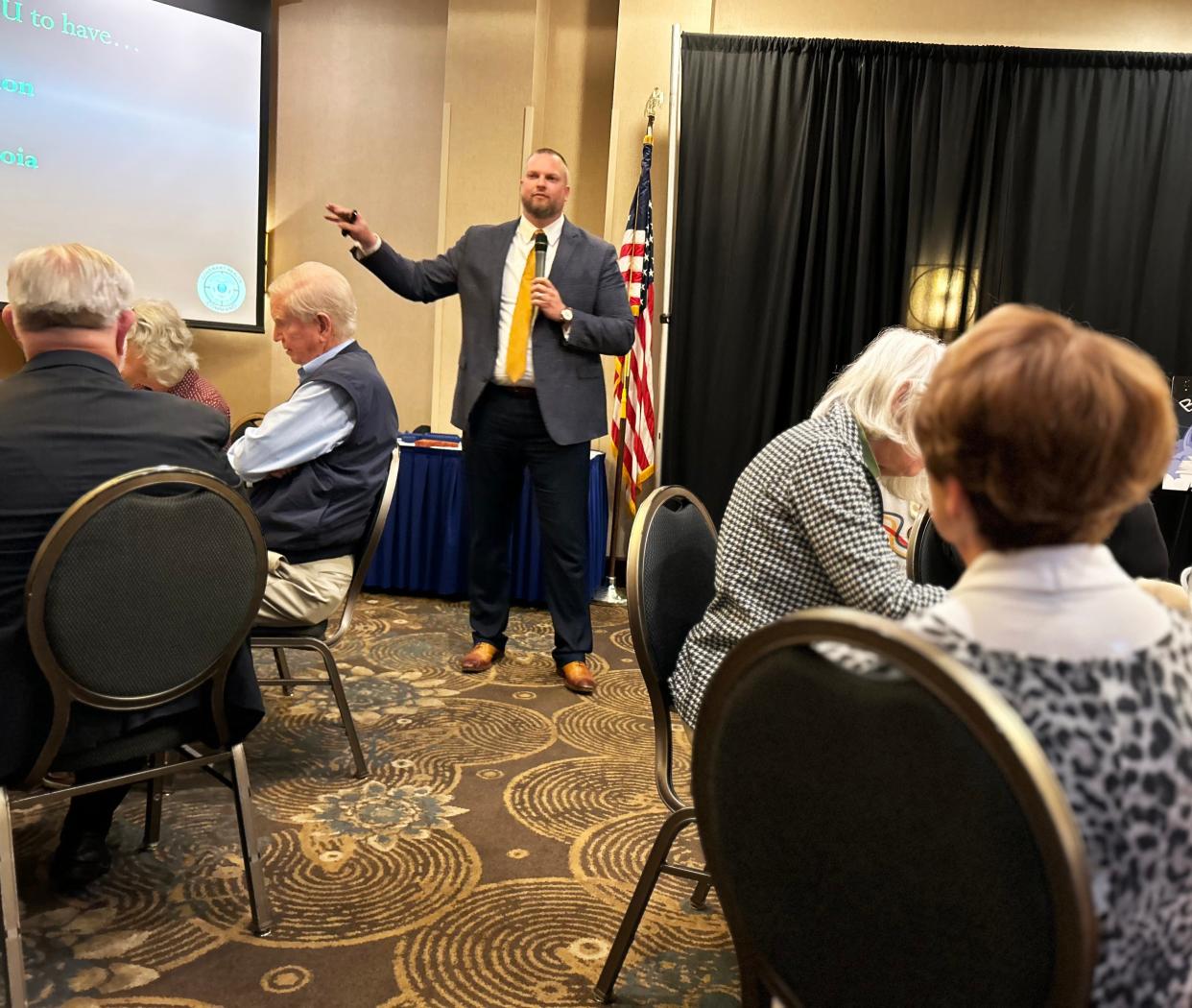 Brandon Ingram gives a presentation on school safety and school shooters at the meeting of Altrusa International of Oak Ridge on April 24 at the Doubletree by Hilton Hotel in Oak Ridge. Ingram is director of security for Covenant Health, parent company of Methodist Medical Center of Oak Ridge.