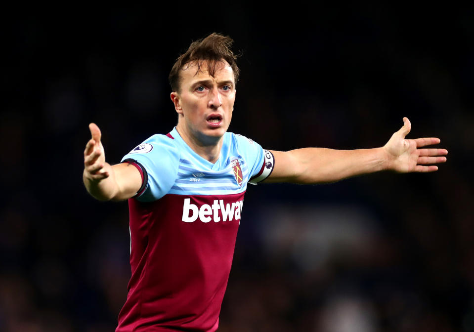 LONDON, ENGLAND - NOVEMBER 30: Mark Noble of West Ham United reacts during the Premier League match between Chelsea FC and West Ham United at Stamford Bridge on November 30, 2019 in London, United Kingdom. (Photo by Clive Rose/Getty Images)