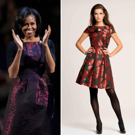 British retailer Asda has created their own version of the Michael Kors dress that first Lady Michelle Obama wore on election night (right). (Photos: Getty and Asda)