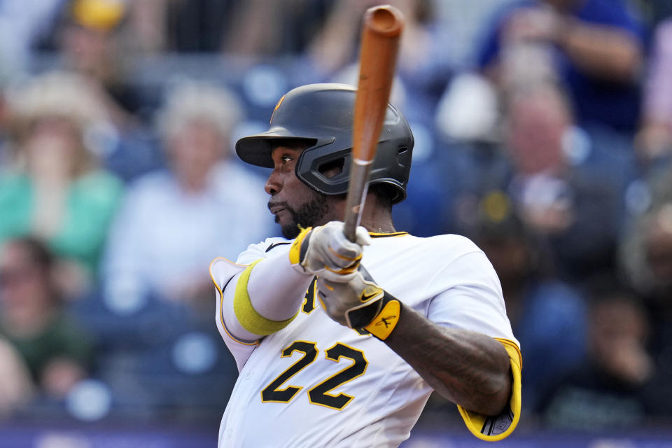 Pittsburgh Pirates' Andrew McCutchen singles off Texas Rangers starting pitcher Dane Dunning in the first inning of a baseball game in Pittsburgh, Monday, May 22, 2023. (AP Photo/Gene J. Puskar)