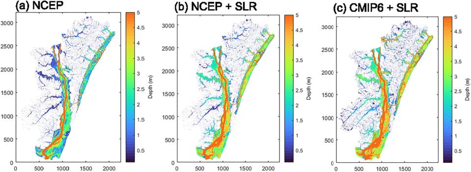 Maps  showing 100-year flood depths across the lower Cape Fear estuary for 1980-2005 (far left map) and in high-emission scenarios later this century.