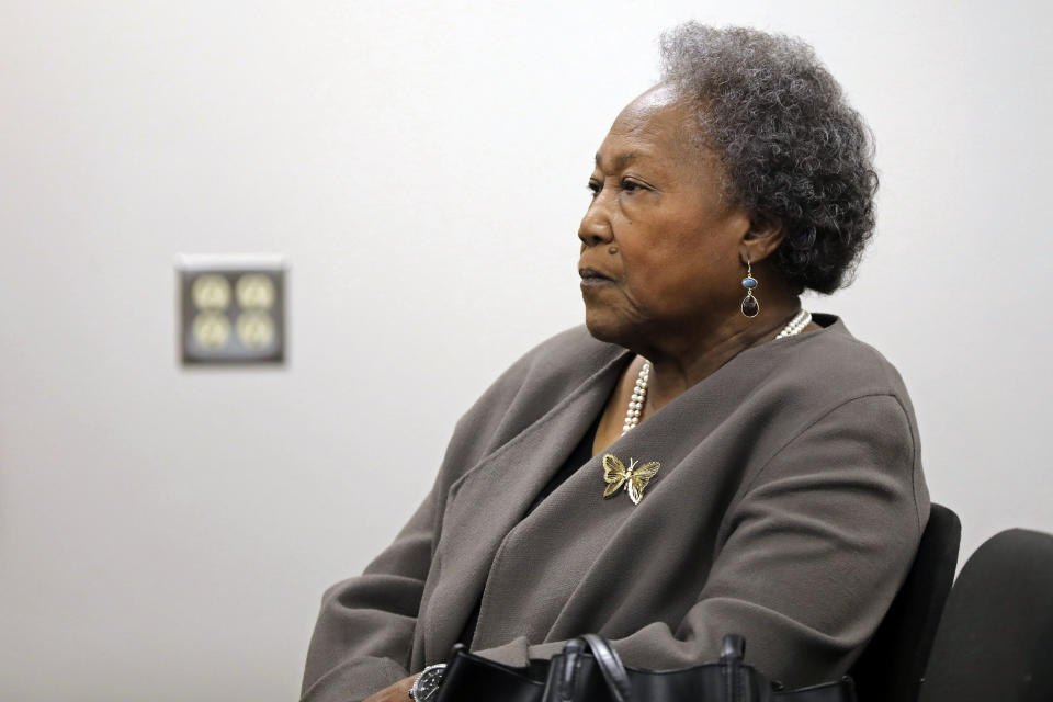 Emanuel AME shooting survivor Polly Sheppard waits to speak at a South Carolina Senate subcommittee hearing on a hate crimes bill, Tuesday, March 28, 2023, in Columbia, S.C. (AP Photo/Jeffrey Collins)