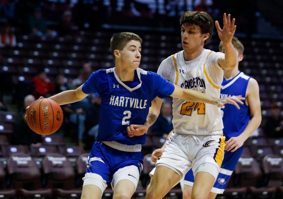Hartville's Jason Cryer drives to the basket as the Eagles take on the Camdenton Lakers in the Blue Division of the Blue & Gold Tournament at Great Southern Bank Arena on Tuesday, Dec. 27, 2022.