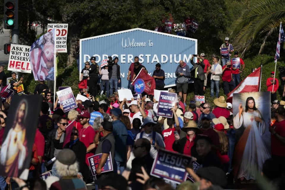 People march outside Dodger Stadium