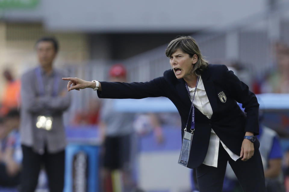 Italy head coach Milena Bertolini gives instructions from the side line during the Women's World Cup round of 16 soccer match between Italy and China at Stade de la Mosson in Montpellier, France, Tuesday, June 25, 2019. (AP Photo/Claude Paris)
