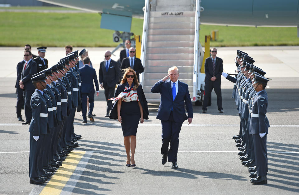 US President Donald Trump and his wife Melania arrive at Stansted Airport in Essex, aboard Air Force One for the start of his three day state visit to the UK.