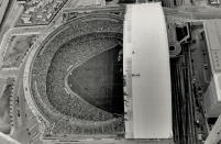 June 5, 1989: Fans and ballplayers are little more than dots in this bird's-eye view of the jam-packed SkyDome, taken from a window washer's cage on the CN Tower at Jays home opener. (Photo by Ken Faught/Toronto Star via Getty Images)