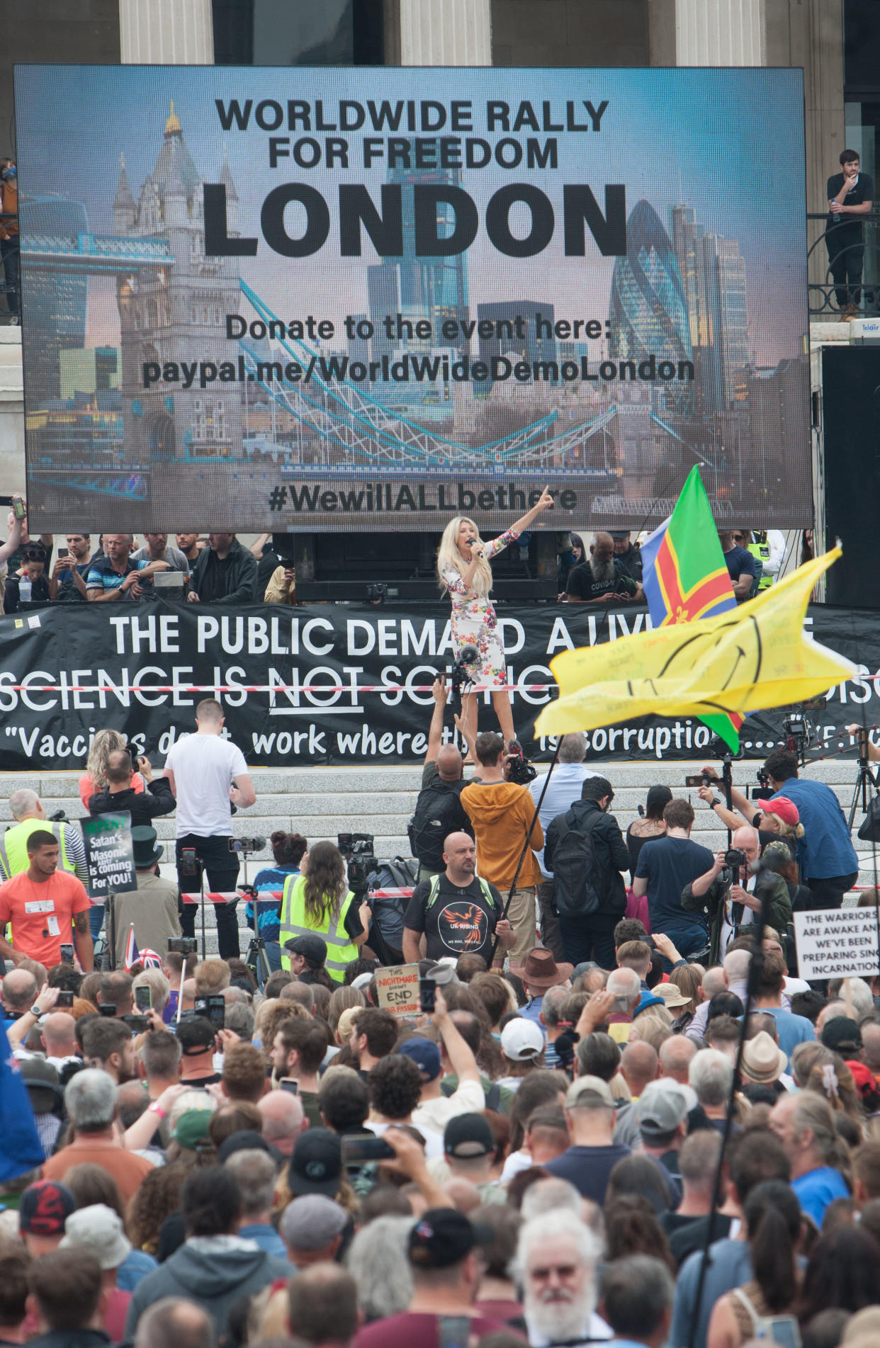 LONDON, UNITED KINGDOM - 2021/07/24: Kate Shemirani speaks to thousands of protesters during the demonstration.
Demonstrators protest in Trafalgar Square, London as part of the Worldwide Rally for Freedom. Protesters are demonstrating against the vaccine passport, Covid-19 vaccination for children and a raft of other coronavirus restrictions. (Photo by Martin Pope/SOPA Images/LightRocket via Getty Images)