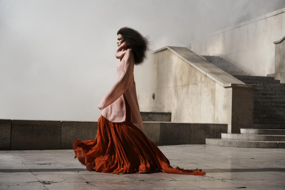 A model wears a creation for Rick Owens' Spring-Summer 2022 ready-to-wear fashion show Thursday, Sept. 30, 2021, in Paris. (AP Photo/Thibault Camus)