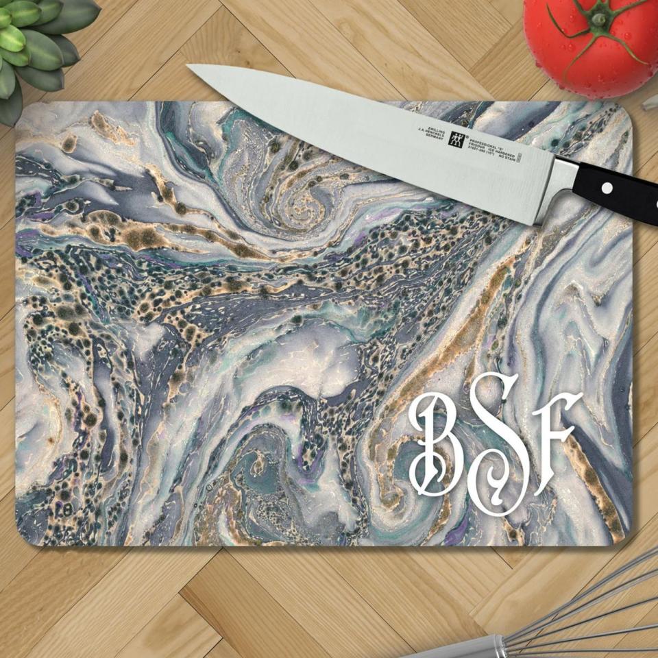 9) Ocean Marble Personalized Glass Cutting Board