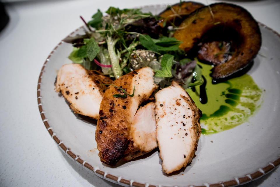 Hot chicken salad and caramelised pumpkin. (PHOTO: Zat Astha/Yahoo Lifestyle SEA)