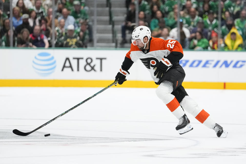 Philadelphia Flyers center Ryan Poehling skates against the Dallas Stars during the second period of an NHL hockey game, Saturday, Oct. 21, 2023, in Dallas. (AP Photo/Julio Cortez)