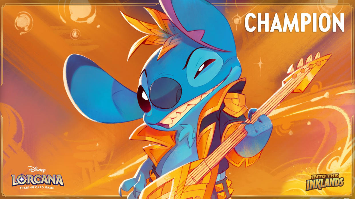  Stitch plays a guitar while winking in artwork from Disney Lorcana. 