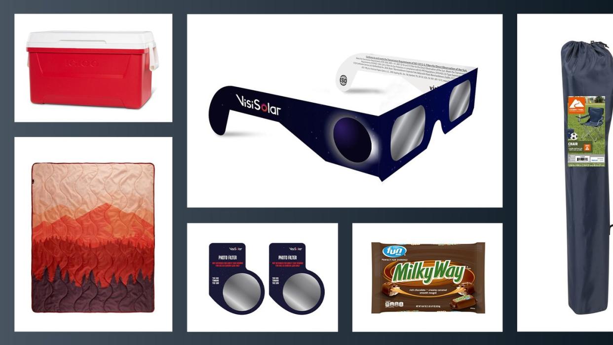 cooler, eclipse viewing glasses, camping chair, milky way, photo filter lens, blanket