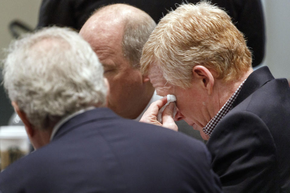 Alex Murdaugh tears up after the jury was excused and the defense and prosecution teams discuss how to handle sensitive crime scene photos during his double murder trial at the Colleton County Courthouse in Walterboro, S.C, Wednesday, Jan. 25, 2023. (Grace Beahm Alford/The State via AP)