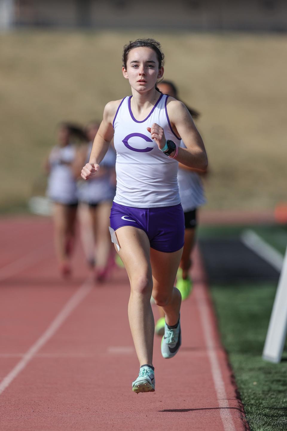Canyon’s Hannah Stuart wins the Varsity Girls 1600 Meter Run in the Amarillo Relays, March 25, 2023, at Dick Bivins Stadium, in Amarillo, Texas.