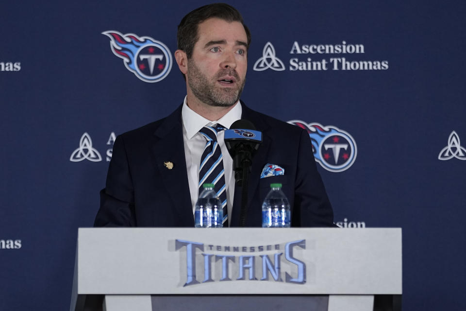 Tennessee Titans new head football coach Brian Callahan speaks during his introductory news conference at the NFL team's training facility Thursday, Jan. 25, 2024, in Nashville, Tenn. (AP Photo/George Walker IV)