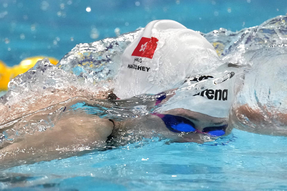 Hong Kong's Siobhan Bernadette Haughey competes during the women's 100m freestyle swimming heat at the 19th Asian Games in Hangzhou, China, Tuesday, Sept. 26, 2023. (AP Photo/Lee Jin-man)