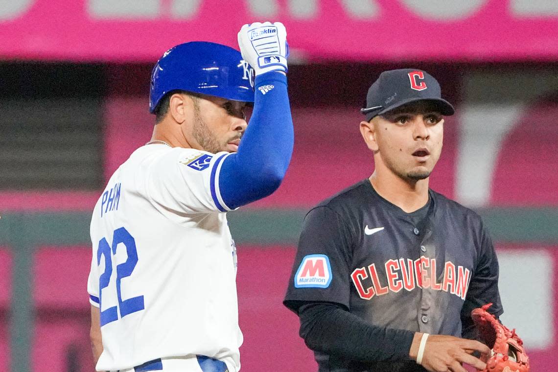 Kansas City Royals right fielder Tommy Pham (22) celebrates at second against the Cleveland Guardians after hitting a double in the sixth inning at Kauffman Stadium on Sep 3, 2024 in Kansas City, Missouri, USA.