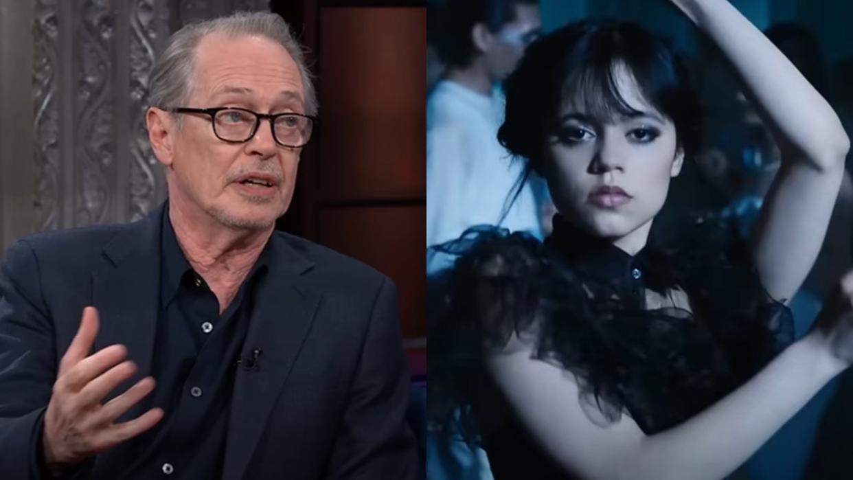  From left to right: Steve Buscemi on Steven Colbert's talk show and Jenna Ortega dancing in Wednesday. 