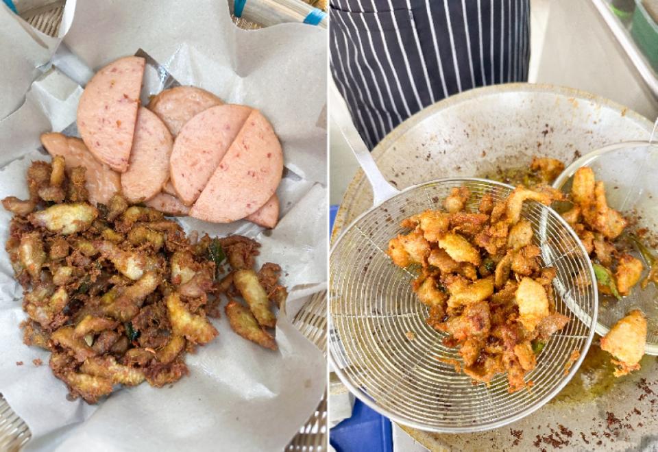 You can get even luncheon meat with your 'nasi lemak', if you wish (left). The marinated pork pieces are deep fried till golden for the 'babi goreng berempah' (right)