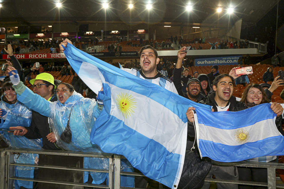 Argentina fans react during the Rugby Championship test match between the All Blacks and Argentina in Hamilton, New Zealand, Saturday, Sept. 3, 2022. (Bruce Lim/Photosport via AP)