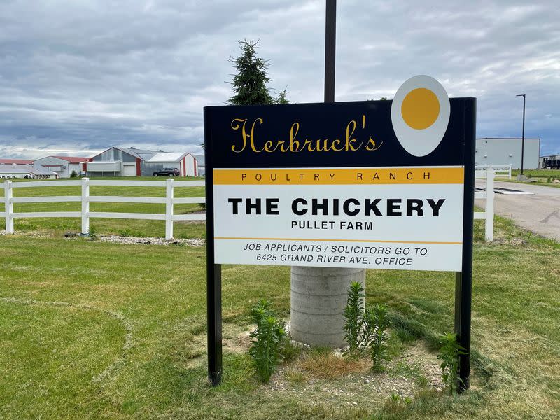 A sign at egg producer Herbruck's is seen in Ionia County, Michigan