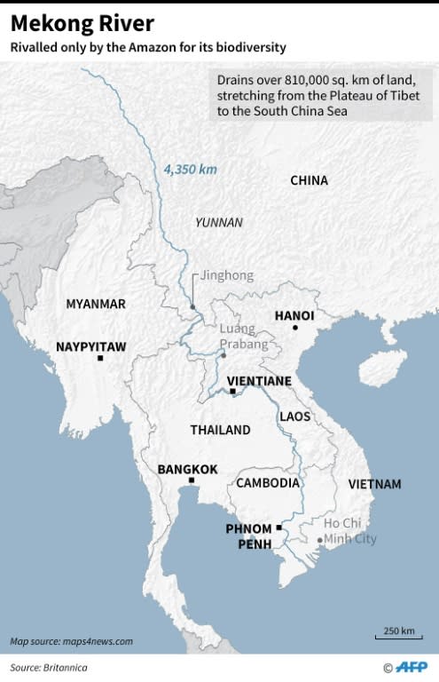 Map of Mekong River, the longest in Southeast Asia, 7th longest in Asia, and 12th longest in the world