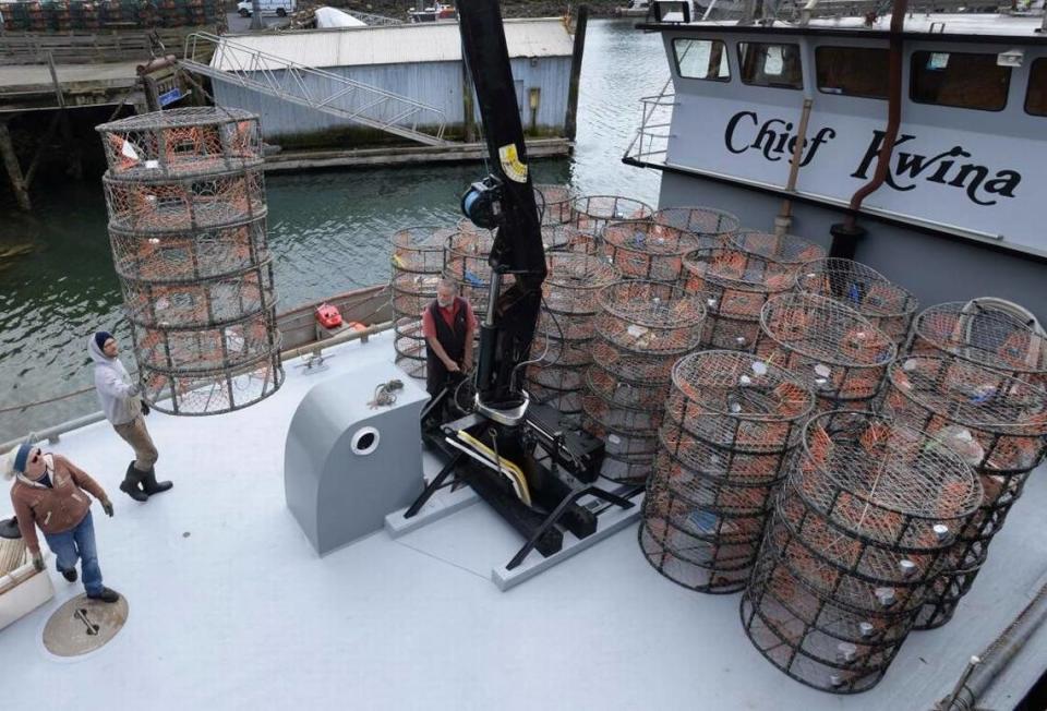 Crab pots on the deck of the salmon tender Chief Kwina in Squalicum Harbor in Bellingham, Wa headed to Alaska on May 19, 2016.