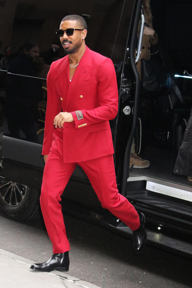 Versace - Michael B Jordan wears a look from the #VersaceCruise20  Collection for his appearance on The Tonight Show. The actor chose a  tailored suit boasting a pinstripe pattern enriched with subtle