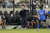 CF Montréal head coach Laurent Courtois, center, gestures during the second half of an MLS soccer match against the Columbus Crew, Saturday, April 27, 2024, in Columbus, Ohio. (AP Photo/Jeff Dean)