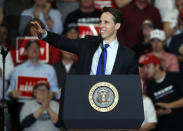 Republican Senate candidate Josh Hawley waves to the crowd after being introduced by President Donald Trump during a campaign rally Monday, Nov. 5, 2018, in Cape Girardeau, Mo. (AP Photo/Jeff Roberson)