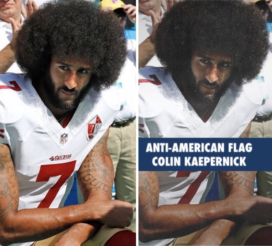 An original photo of Colin Kaepernick (left) alongside a version of the picture that appeared in a National Republican Congressional Committee fundraising email on July 10, 2019. (Photo compilation Yahoo News; photos: Getty Images, NRCC) 