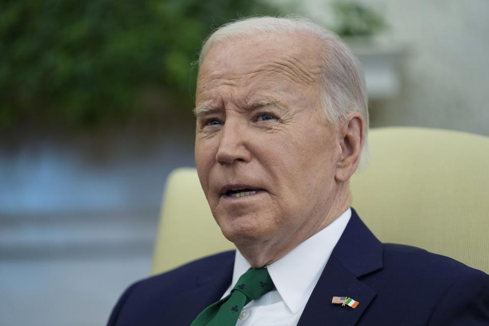 President Joe Biden meets with Irish Prime Minister Leo Varadkar in the Oval Office of the White House, Friday, March 15, 2024 in Washington. (AP Photo/Evan Vucci)