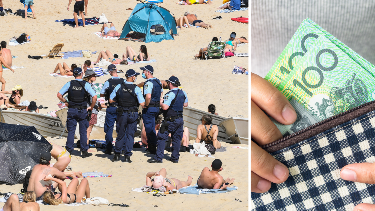 A group of police patrolling the beach during COVID-19 lockdowns to issue fines and a person removing $100 notes from a wallet.