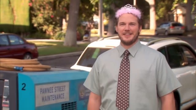 Andy wearing a toy tiara in "Parks and Recreation"