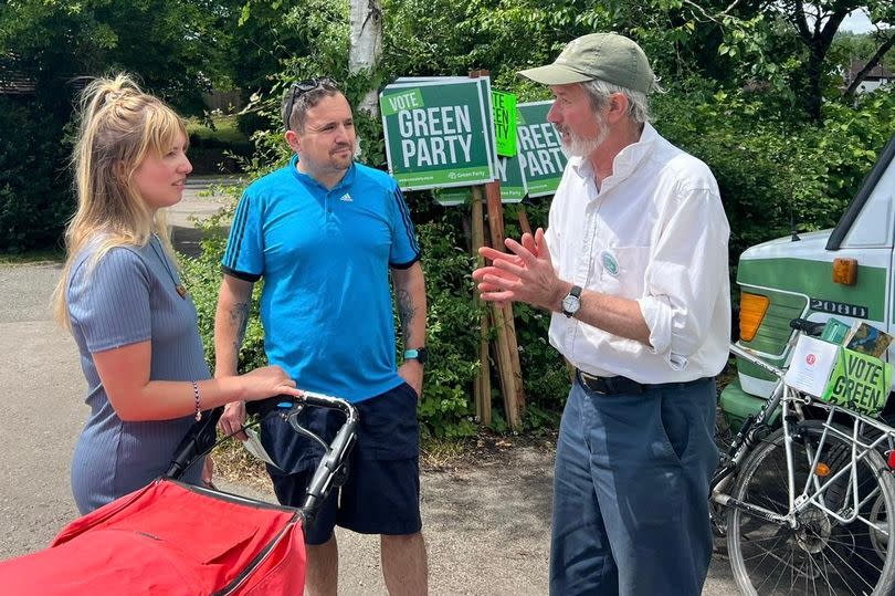 Green Party candidate Chris McFarling speaking to voters in the Forest of Dean