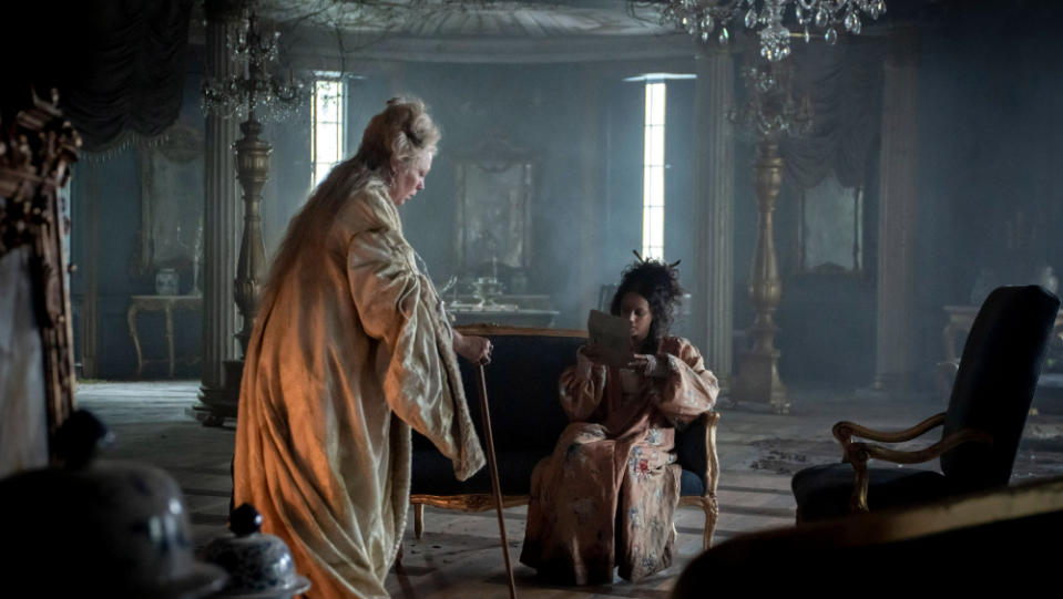 Olivia Colman as Miss Havisham and Shalom Brune-Franklin as Estella in “Great Expectations” - Credit: BBC