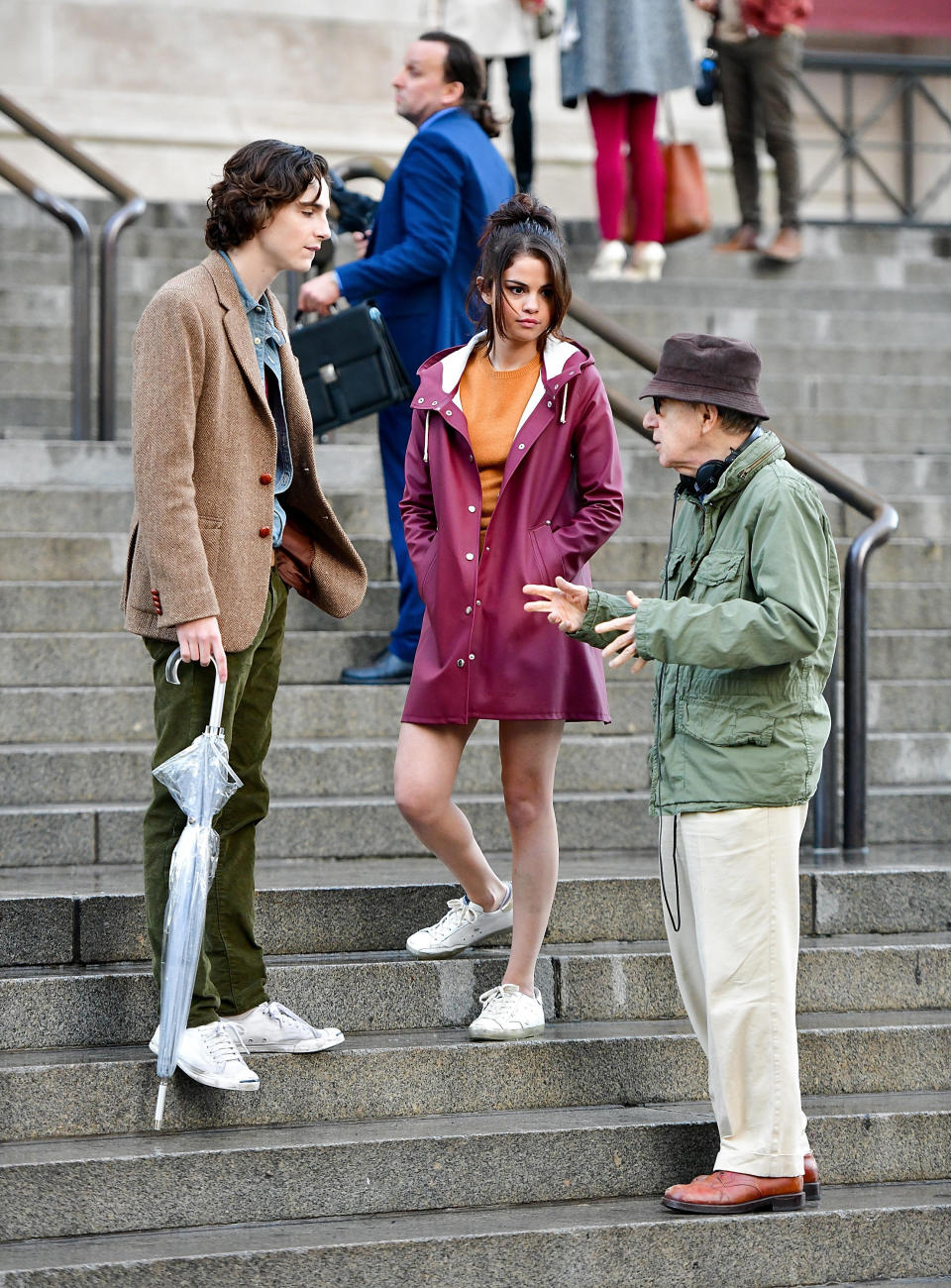 Timoth&eacute;e Chalamet, Selena Gomez and Woody Allen on set.&nbsp; (Photo: James Devaney via Getty Images)