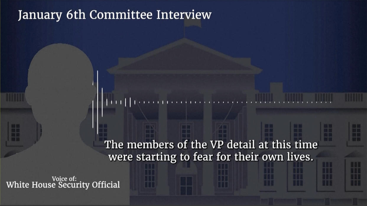 A slide with image of a silhouette of a person in front of a rendering of the White House reads: January 6th Committee Interview; The members of the VP detail at this time were starting to fear for their own lives.; Voice of White House Security Detail.