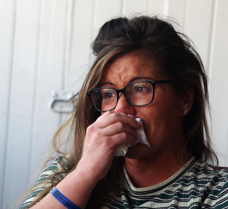 Anastasia Grantsis of Bridgewater, sister of Greg Grantsis, who was shot to death on Nov. 9, 2021 in Brockton, gets emotional as she speaks about her brother at Joe Angelo's in Brockton on Friday, Sept. 22, 2023.