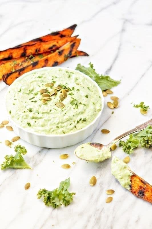 <p>Good Life Eats</p><p>You only need two ingredients for this dip, but it's extra tasty with the homemade kale cilantro pesto.</p><p><strong>Get the recipe: <a href="https://www.goodlifeeats.com/greek-yogurt-pesto-dip/" rel="nofollow noopener" target="_blank" data-ylk="slk:Greek Yogurt Pesto Dip;elm:context_link;itc:0;sec:content-canvas" class="link ">Greek Yogurt Pesto Dip</a></strong></p>