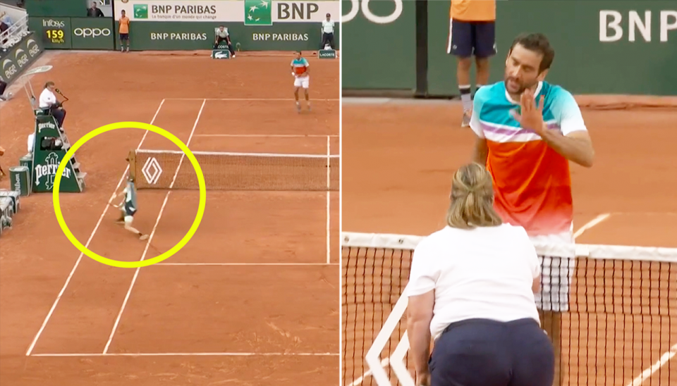 Tennis star Marin Cilic (pictured right) arguing with the chair umpire and (pictured left) Andrey Rublev hitting a shot at the French Open.