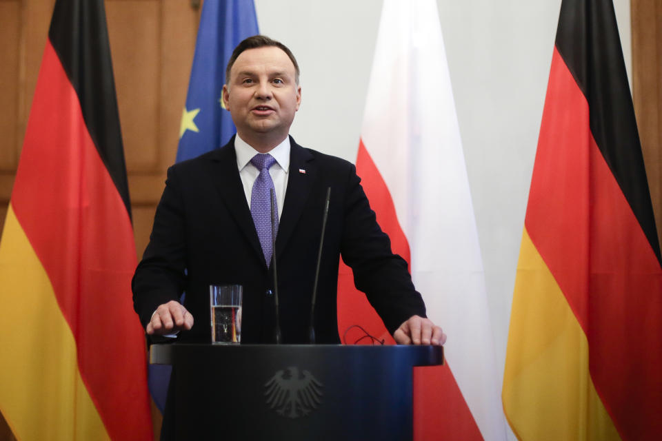 Poland's President Andrzej Duda addresses the media during a joint news conference with German President Frank-Walter Steinmeier at Bellevue Palace in Berlin, Tuesday, Oct. 23, 2018. (AP Photo/Markus Schreiber)